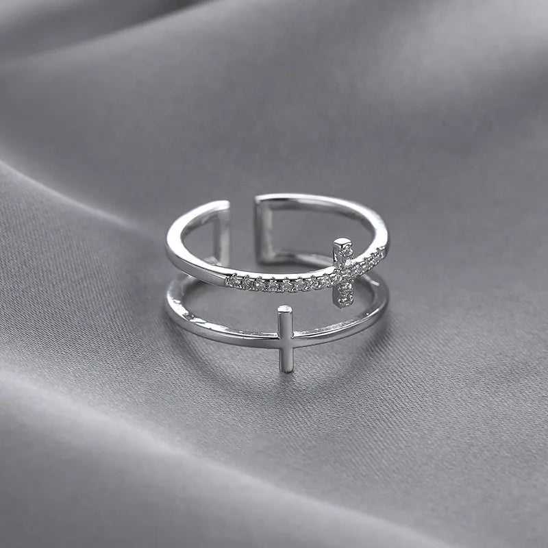 Gold Silver Double Layer Cross Open Adjustable Finger Rings - LaVie Jewelery
