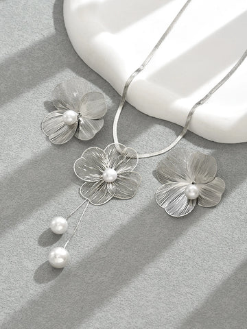 Gold Color Hallowout Stamping Big Flower Pearl Necklace Earrings Set - LaVie Jewelery