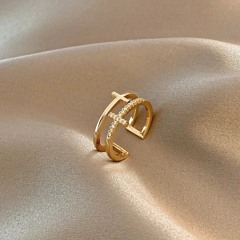 Gold Silver Double Layer Cross Open Adjustable Finger Rings - LaVie Jewelery