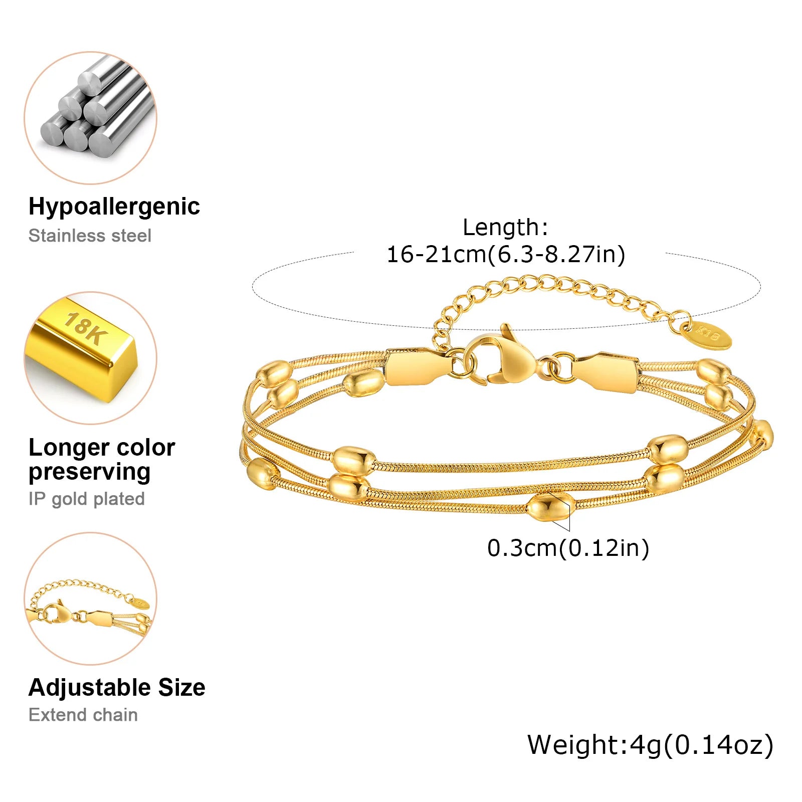 Multilayer Round Beaded Gold Plated Adjustable Snake Chain & Link Bracelets - LaVie Jewelery