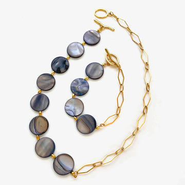 Stainless Steel Grey Round Natural Shell Bracelet Necklace Jewelry Set - LaVie Jewelery