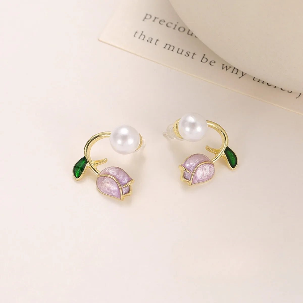 French Tulip Flower Pearl Stud Earrings Pearl Earrings - LaVie Jewelery