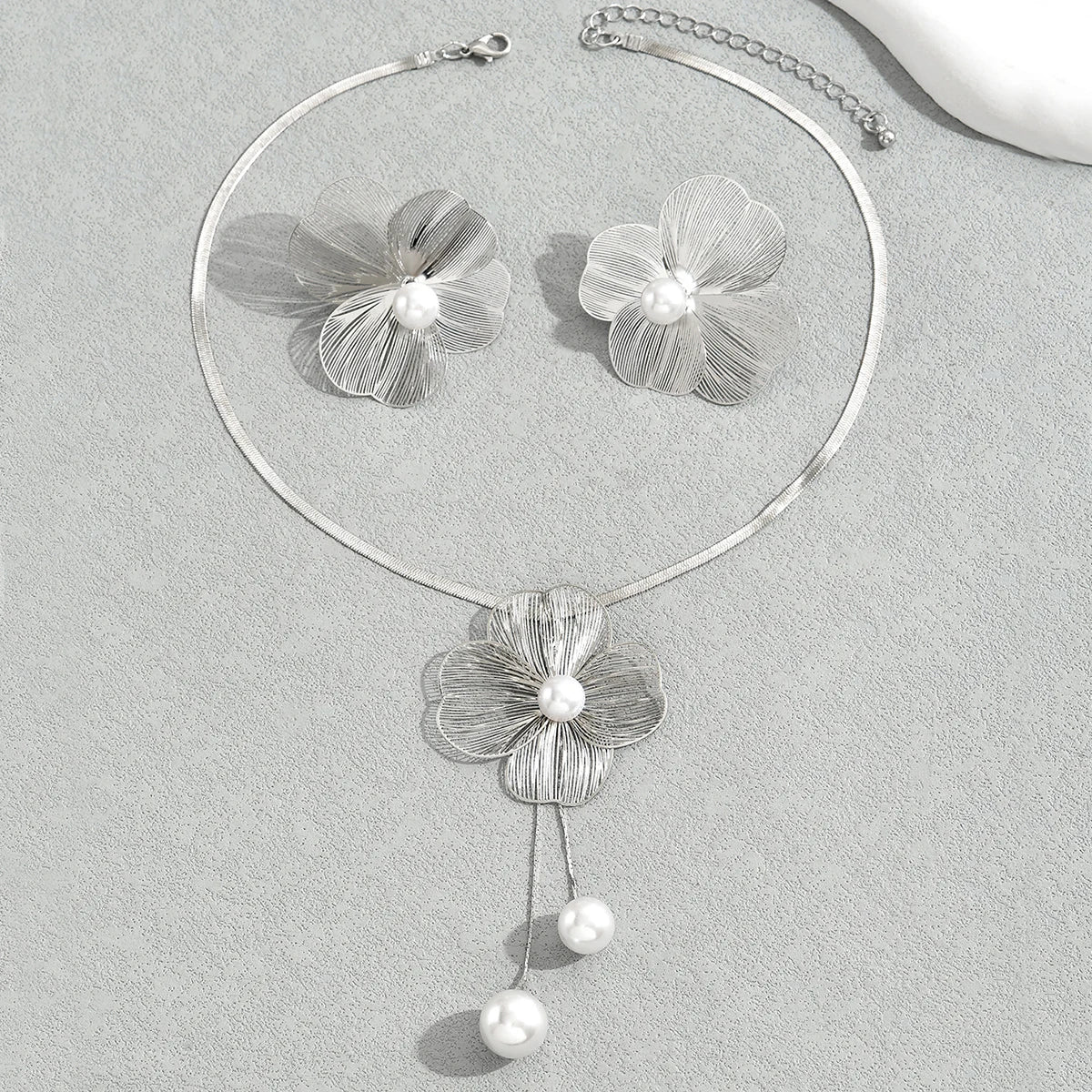 Gold Color Hallowout Stamping Big Flower Pearl Necklace Earrings Set - LaVie Jewelery