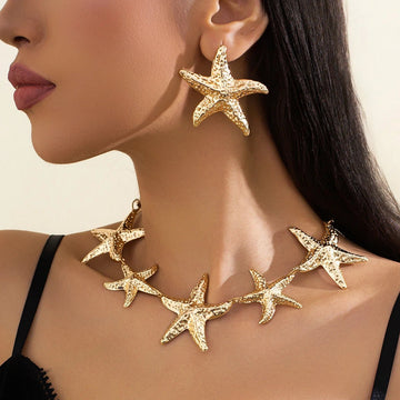 Vintage Large Metal Starfish Choker Necklace Drop Earrings Jewelry Set - LaVie Jewelery