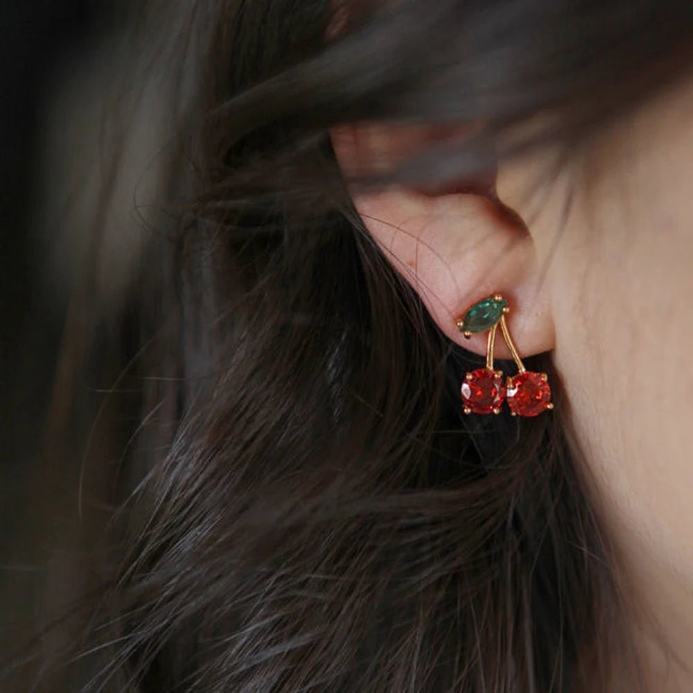 Red Zircon Cherry Leaf Stud Earrings - LaVie Jewelery