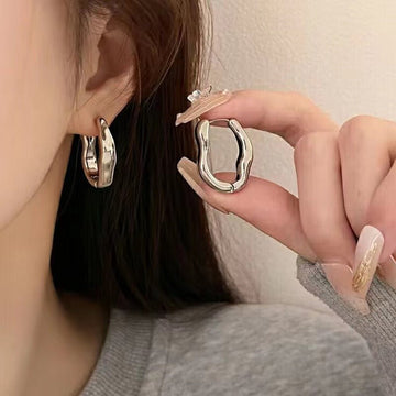 Vintage Silver Plated Stainless Steel Irregular Hoop Earrings - LaVie Jewelery