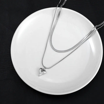 Stainless Steel Heart Pendant Double - layer Necklace Jewelery Set - LaVie Jewelery