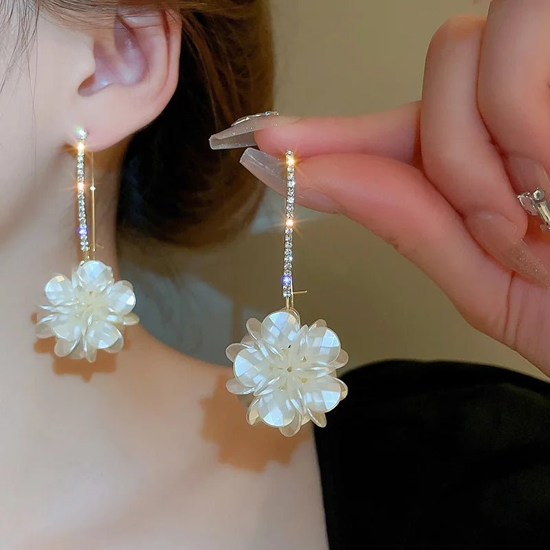 Korean Exquisite Rhinestone Long White Flower Pearl Drop Earrings - LaVie Jewelery
