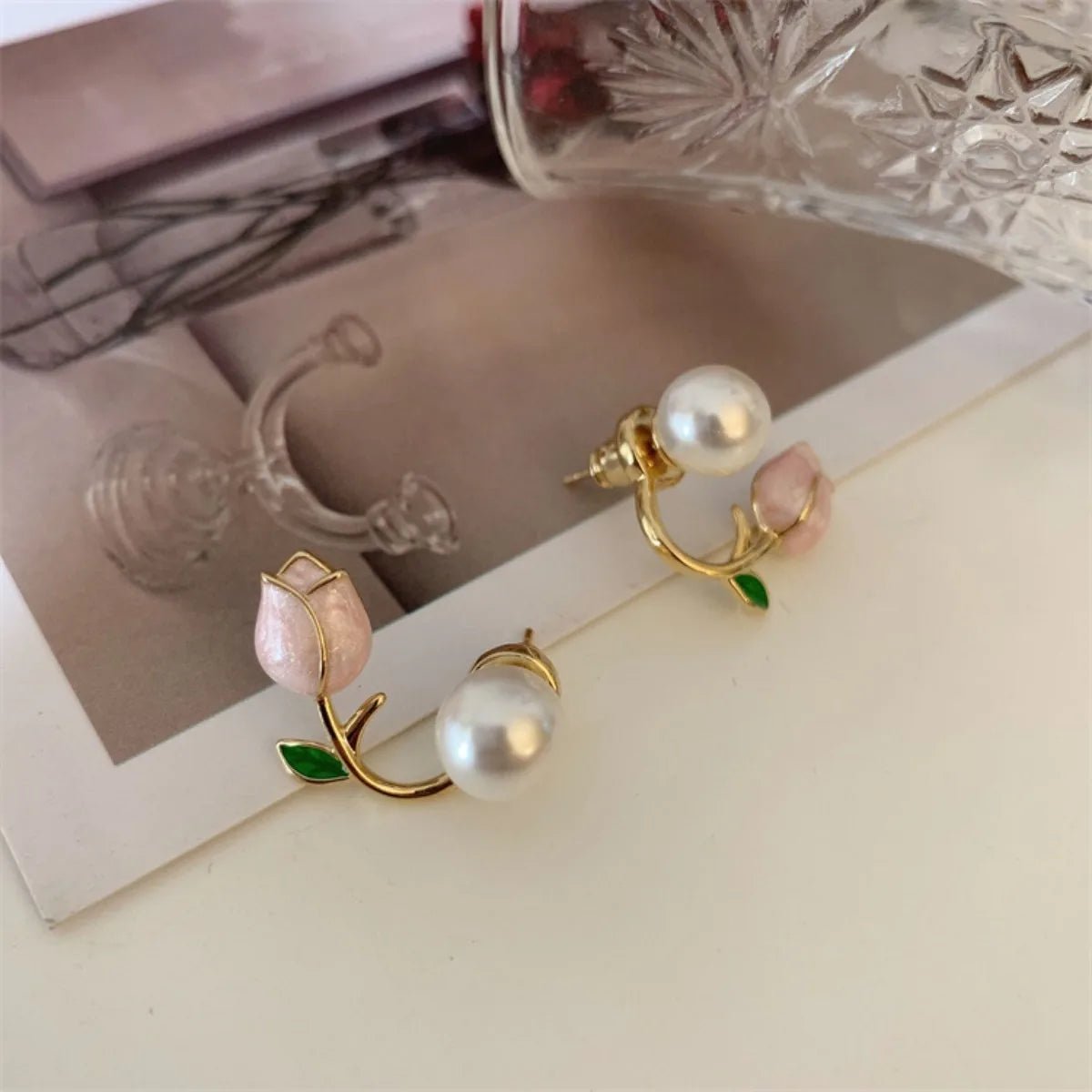 French Tulip Flower Pearl Stud Earrings Pearl Earrings - LaVie Jewelery