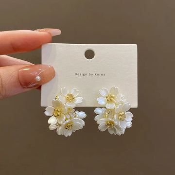 Korean Exquisite Rhinestone Long White Flower Pearl Drop Earrings - LaVie Jewelery