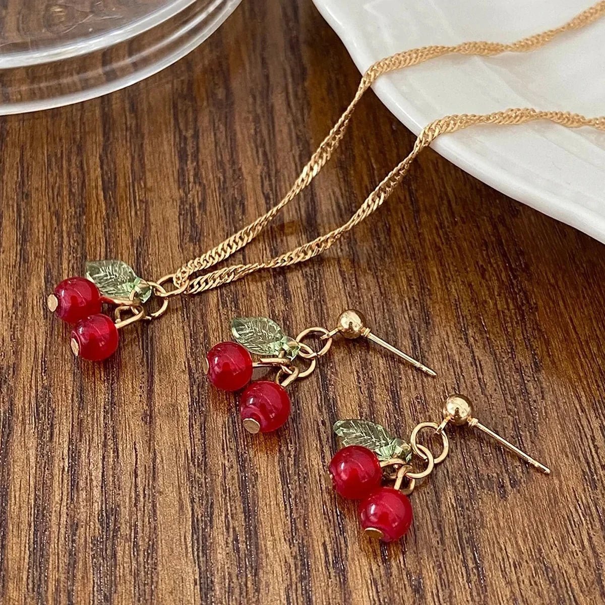 Gold Color Chic Red Cherry Necklace Dangle Earrings Jewelery Set - LaVie Jewelery