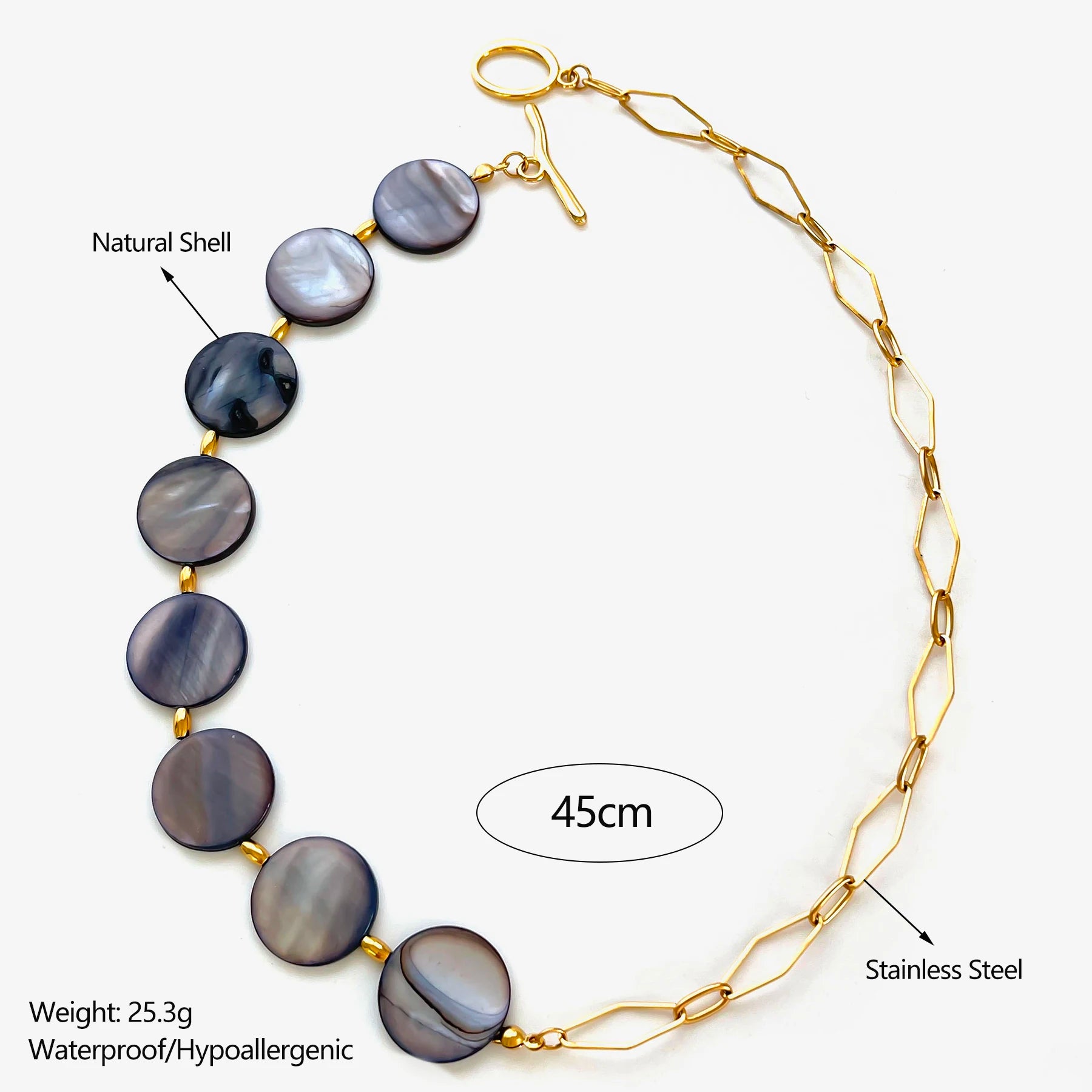 Stainless Steel Grey Round Natural Shell Bracelet Necklace Jewelry Set - LaVie Jewelery