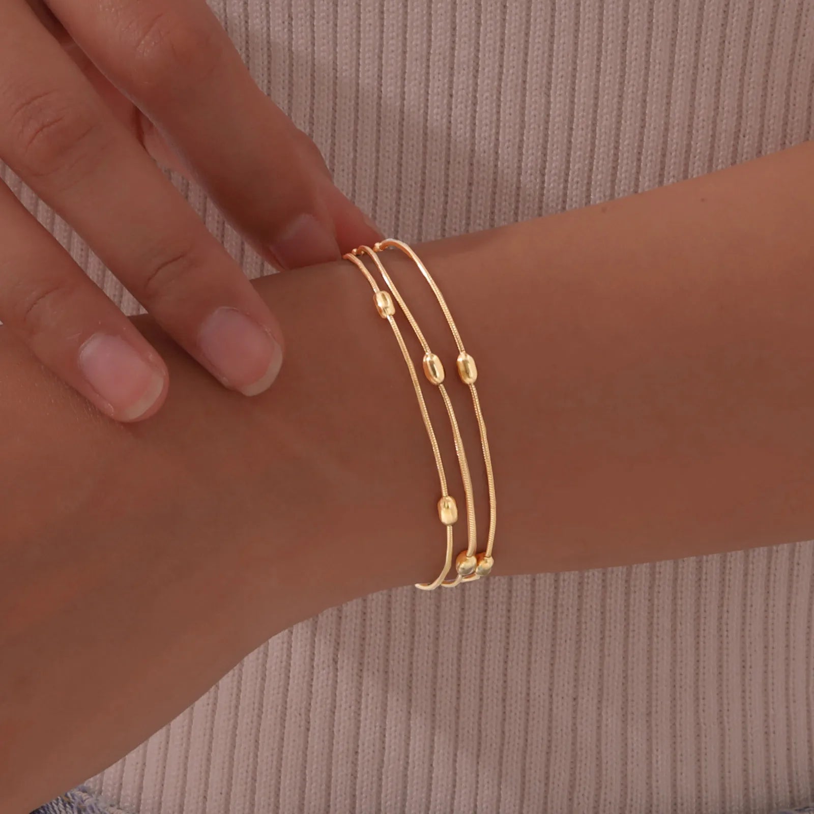 Multilayer Round Beaded Gold Plated Adjustable Snake Chain & Link Bracelets - LaVie Jewelery
