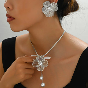 Gold Color Hallowout Stamping Big Flower Pearl Necklace Earrings Set - LaVie Jewelery