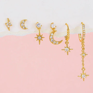 Gold Plated Cubic Zirconia Star Moon Dangle Earrings Set - LaVie Jewelery