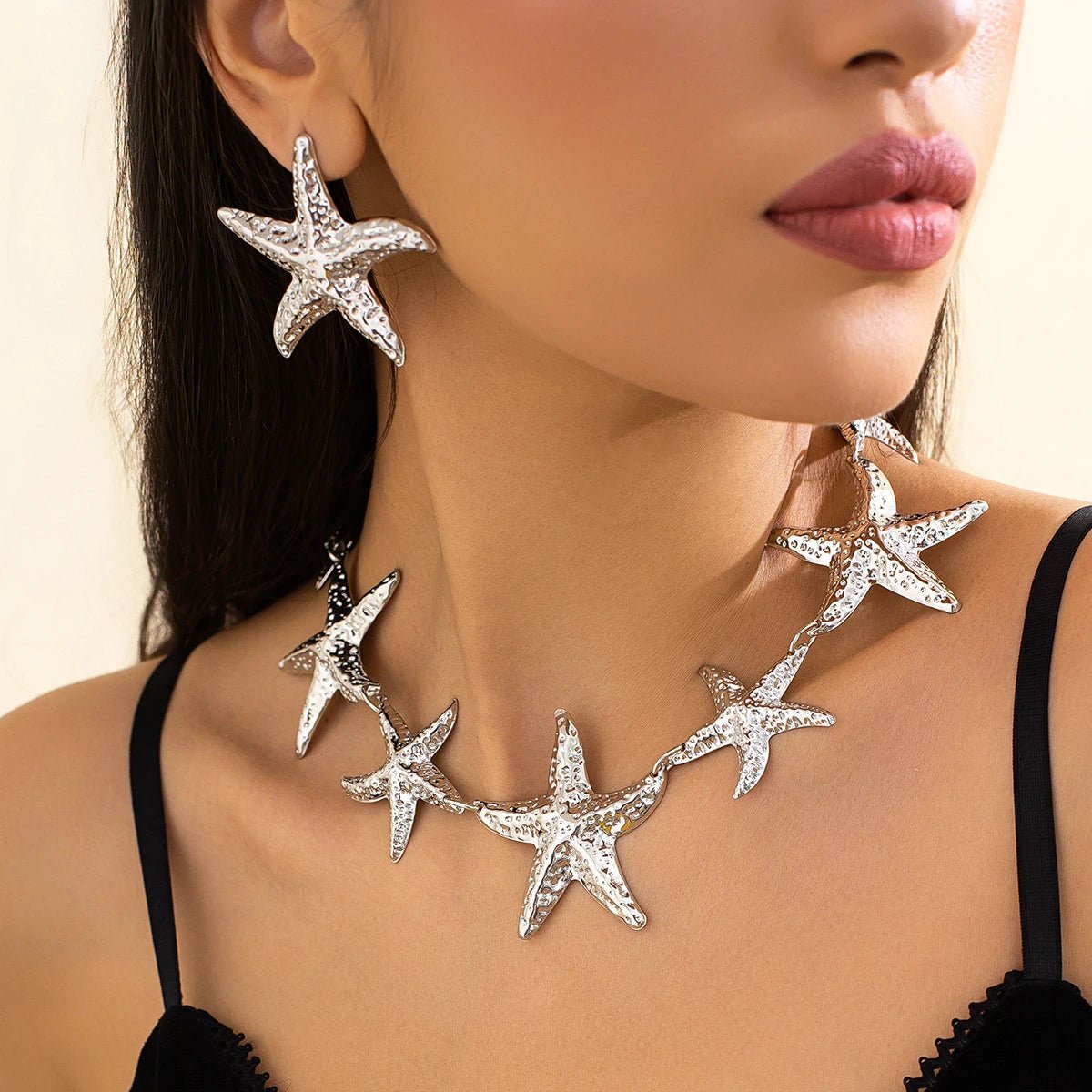 Vintage Large Metal Starfish Choker Necklace Drop Earrings Jewelry Set - LaVie Jewelery