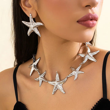 Vintage Large Metal Starfish Choker Necklace Drop Earrings Jewelry Set - LaVie Jewelery