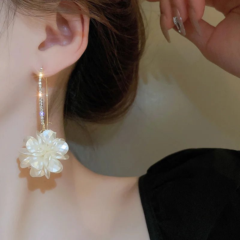 Korean Exquisite Rhinestone Long White Flower Pearl Drop Earrings - LaVie Jewelery