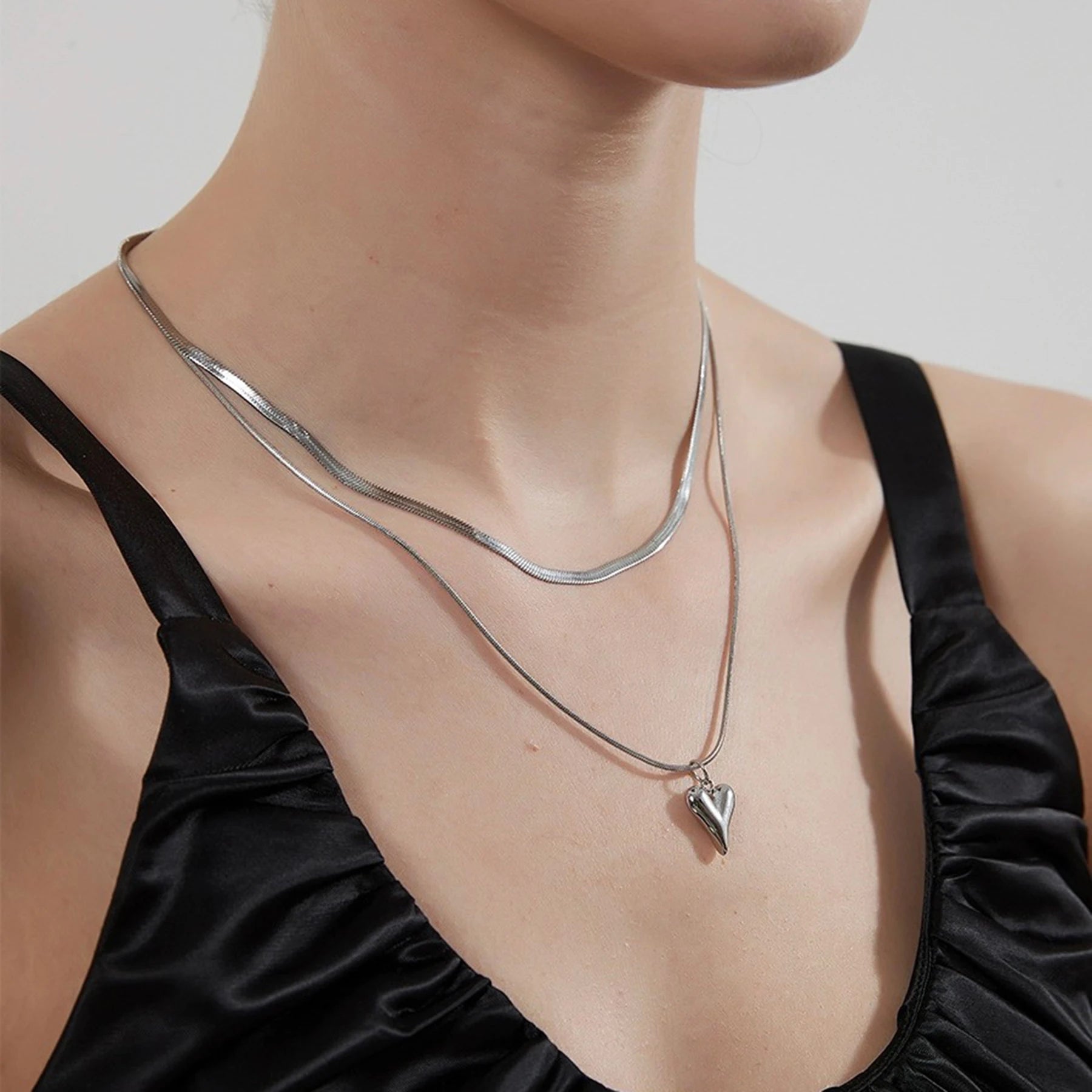 Stainless Steel Heart Pendant Double - layer Necklace Jewelery Set - LaVie Jewelery