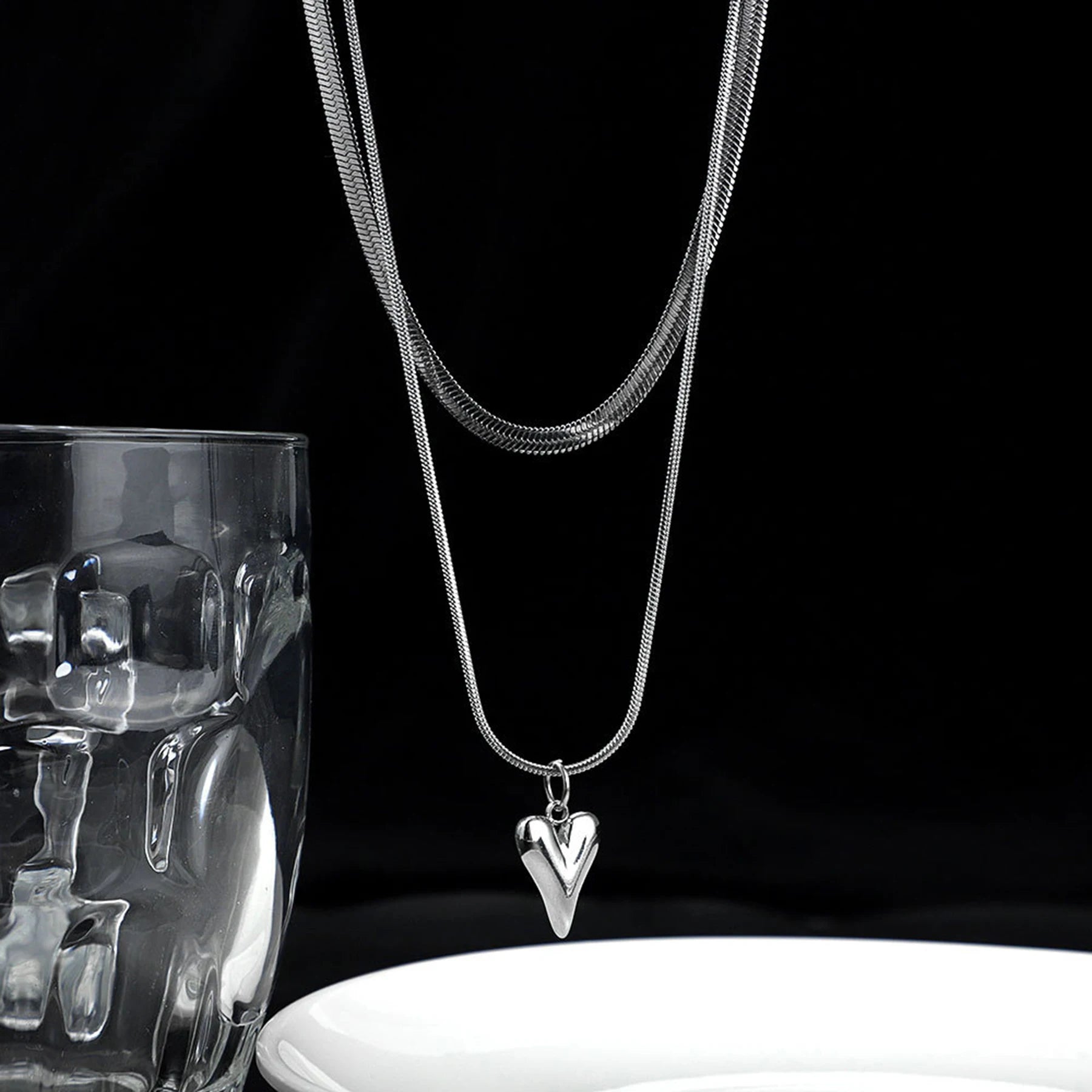 Stainless Steel Heart Pendant Double - layer Necklace Jewelery Set - LaVie Jewelery