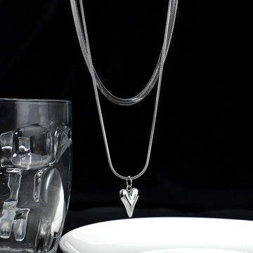 Stainless Steel Heart Pendant Double - layer Necklace Jewelery Set - LaVie Jewelery