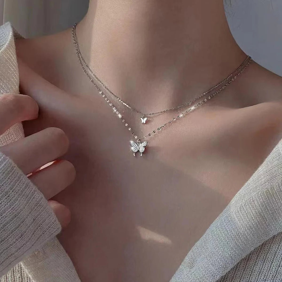 Lats Sparkling Double Layer Butterfly Collar Chain Necklace - LaVie Jewelery