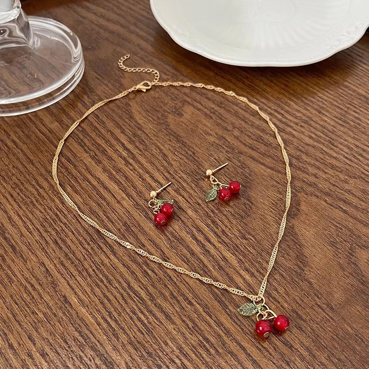 Gold Color Chic Red Cherry Necklace Dangle Earrings Jewelery Set - LaVie Jewelery