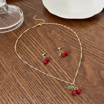 Gold Color Chic Red Cherry Necklace Dangle Earrings Jewelery Set - LaVie Jewelery