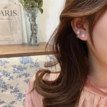 French Tulip Flower Pearl Stud Earrings Pearl Earrings - LaVie Jewelery
