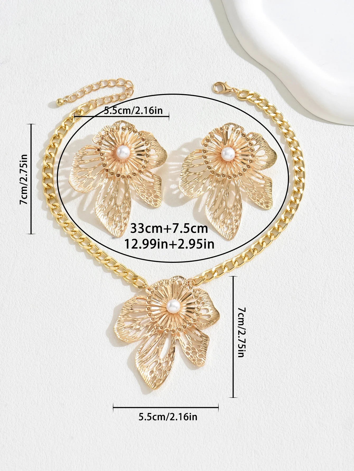 Gold Color Hallowout Stamping Big Flower Pearl Necklace Earrings Set - LaVie Jewelery