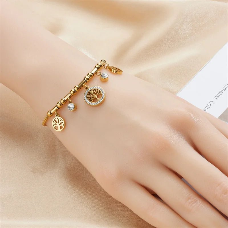 Elegant Gold Color Stainless Steel Tree of Life Charms Bracelet with Zircon Stone - LaVie Jewelery