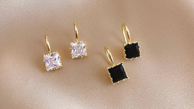 Square Crystal Stone in Gold Plated Hook Earrings - LaVie Jewelery
