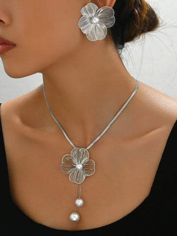 Gold Color Hallowout Stamping Big Flower Pearl Necklace Earrings Set - LaVie Jewelery