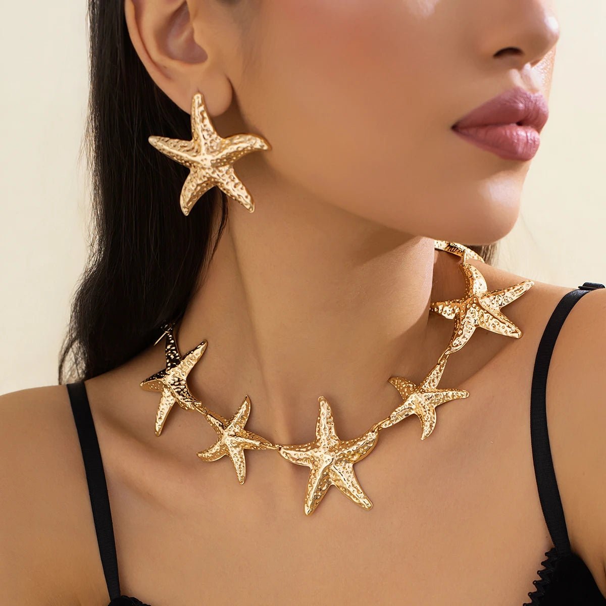 Vintage Large Metal Starfish Choker Necklace Drop Earrings Jewelry Set - LaVie Jewelery