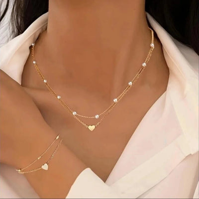 14K Gold Plated Heart Pearl Pendant Jewelery Sets - LaVie Jewelery