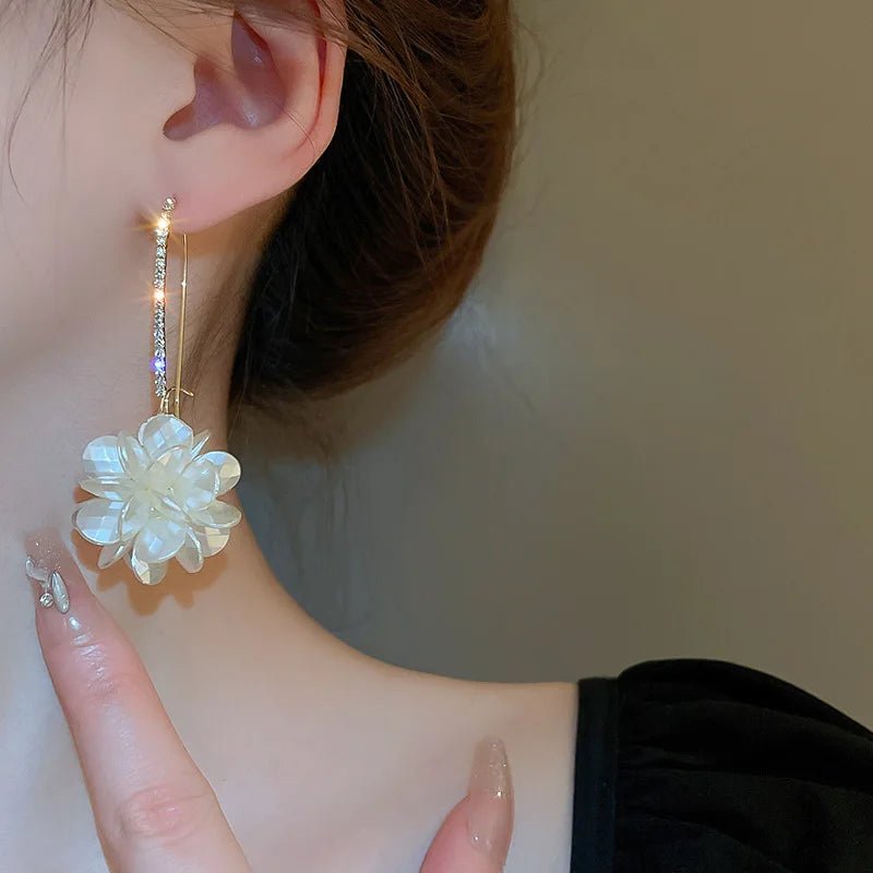 Korean Exquisite Rhinestone Long White Flower Pearl Drop Earrings - LaVie Jewelery