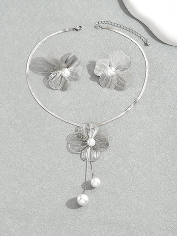 Gold Color Hallowout Stamping Big Flower Pearl Necklace Earrings Set - LaVie Jewelery