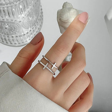 Gold Silver Double Layer Cross Open Adjustable Finger Rings - LaVie Jewelery