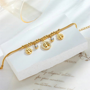 Elegant Gold Color Stainless Steel Tree of Life Charms Bracelet with Zircon Stone - LaVie Jewelery